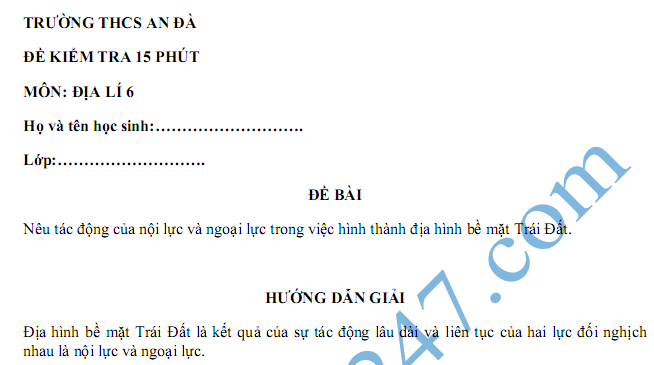 Đề kiểm tra 15 phút lớp 6 môn Địa - THCS An Đà