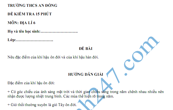 Đề kiểm tra 15 phút lớp 6 môn Địa - THCS An Đồng