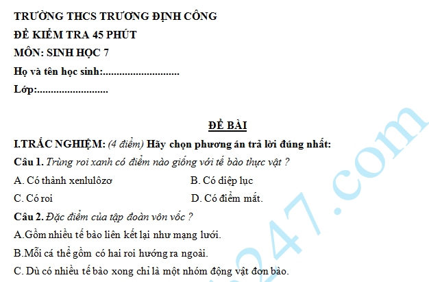Đề kiểm tra 45 phút môn Sinh lớp 7 học kì 1 - THCS Trương Định Công