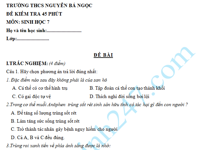 Đề kiểm tra 1 tiết môn Sinh lớp 7 học kì 1 - THCS Nguyễn Bá Ngọc