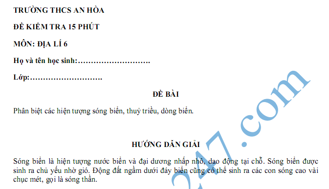 Đề kiểm tra 15 phút lớp 6 môn Địa - THCS An Hòa