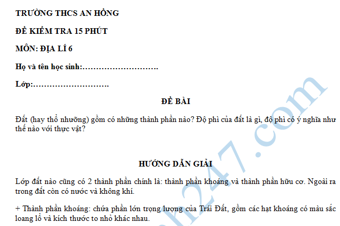 Đề kiểm tra 15 phút lớp 6 môn Địa - THCS An Hồng