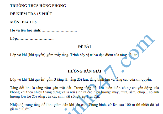 Đề kiểm tra 15 phút môn Địa lớp 6 - THCS Hồng Phong