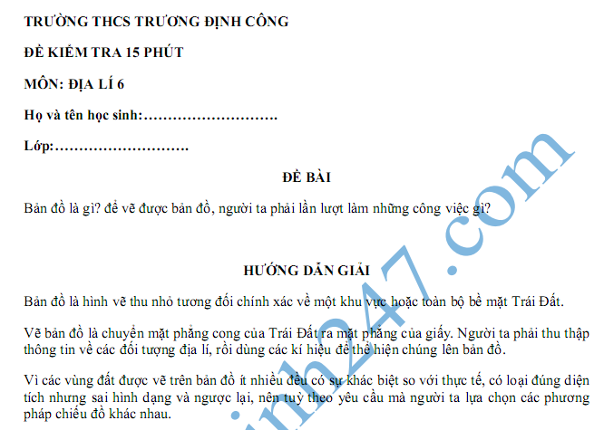 Đề kiểm tra 15 phút lớp 6 môn Địa - THCS Trương Định Công