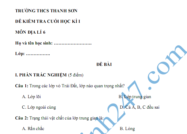 Đề kiểm tra 1 tiết lớp 6 môn Địa học kì 1 - THCS Thanh Sơn