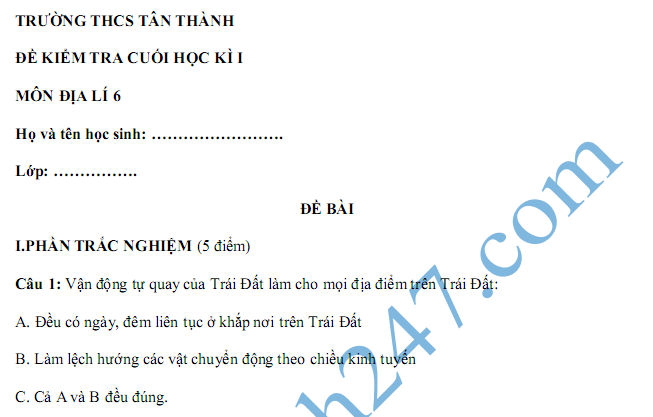 Đề kiểm tra 45 phút lớp 6 môn Địa học kì 1 - THCS Tân Thành