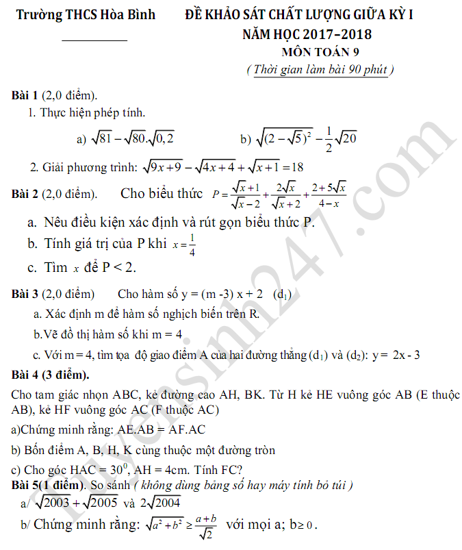 Đề thi giữa kì 1 lớp 9 môn Toán 2018 - THCS Hòa Bình