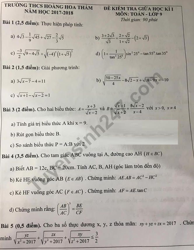 Đề thi giữa kì 1 môn Toán lớp 9 năm 2018 - THCS Hoàng Hoa Thám