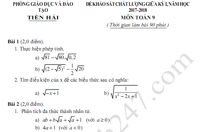 Đề thi giữa kì 1 lớp 9 môn Toán 2018 - THCS Tiền Hải