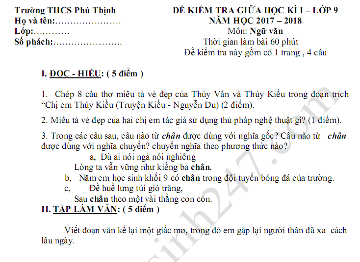 Đề thi 8 tuần kì 1 lớp 9 môn Văn 2018 - THCS Phú Thịnh