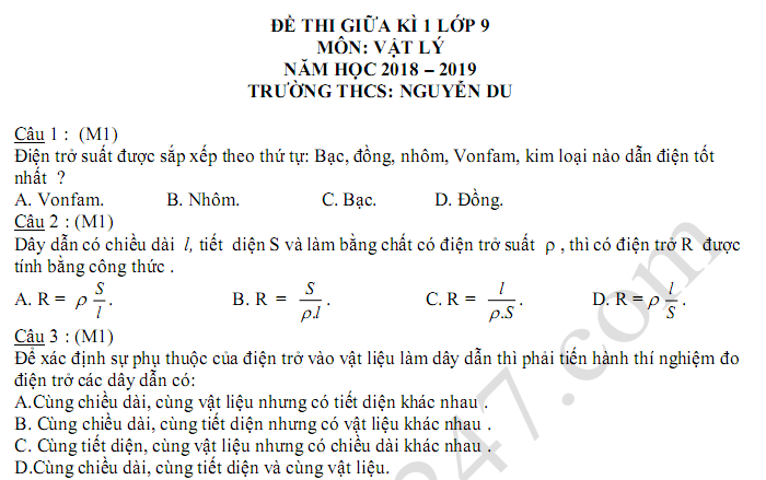 Đề thi 8 tuần kì 1 lớp 9 môn Lý 2018 - THCS Nguyễn Du