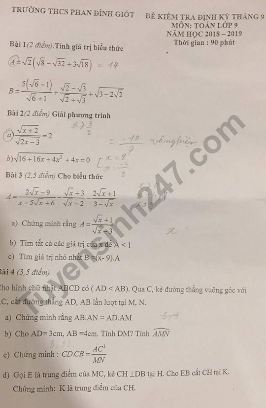 Đề thi giữa kì 1 môn Toán lớp 9 - THCS Phan Đình Giót 2018