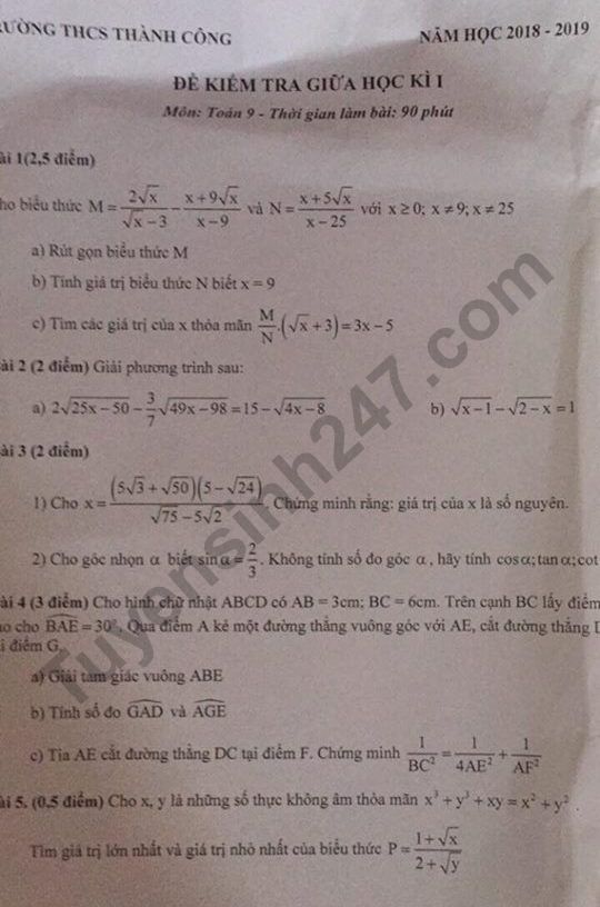 Đề thi giữa kì 1 môn Toán lớp 9 năm 2018 - 2019 THCS Thành Công