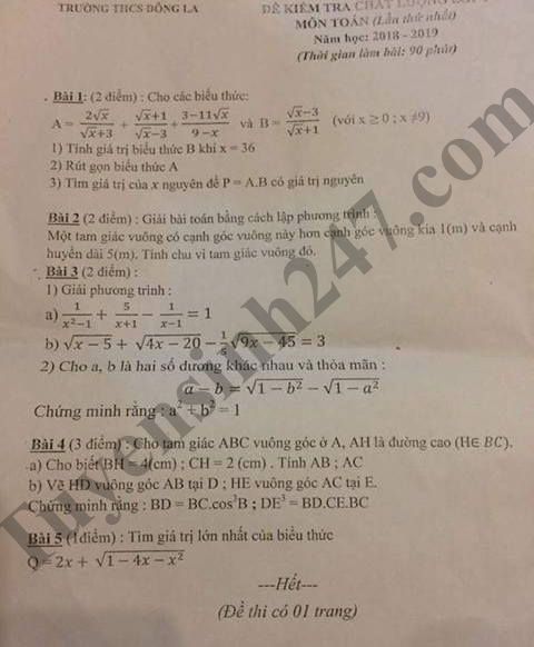 Đề thi giữa học kì 1 lớp 9 môn Toán - THCS Phan Chu Trinh năm học 2018 - 2019