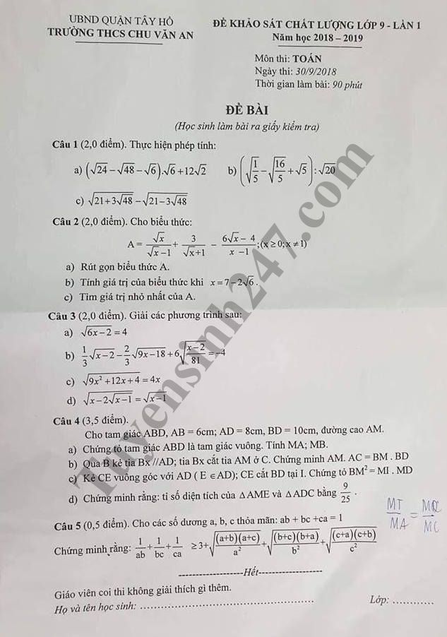 Đề thi giữa học kì 1 lớp 9 môn Toán - THCS Chu Văn An năm học 2018 - 2019