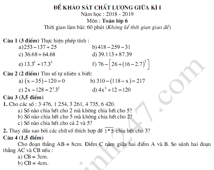 Đề thi giữa kì 1 môn Toán lớp 6 năm 2018 - THCS Nguyễn Trãi