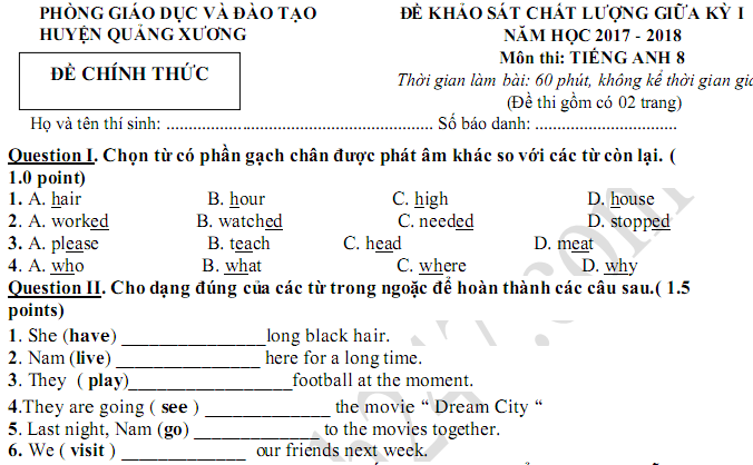 Đề thi giữa kì 1 môn Anh lớp 8 - Quảng Xương 2018