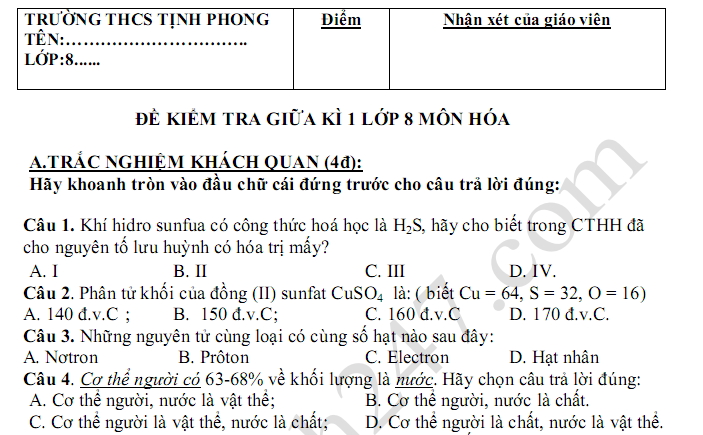 Đề thi giữa kì 1 môn Lý lớp 8 năm 2018 - THCS Nguyễn Du