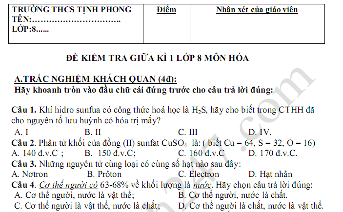 Đề kiểm tra giữa kì 1 lớp 8 môn Hóa 2018 - THCS Tịnh Phong