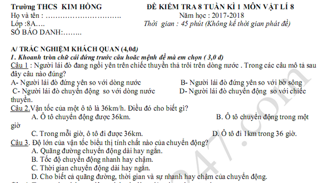 Đề thi giữa kì 1 môn Lý lớp 8 năm 2018 - THCS Kim Hồng