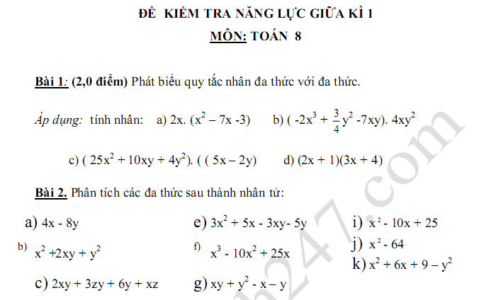 Đề thi giữa kì 1 môn Toán lớp 8 năm 2018 - THCS Nguyễn Trãi