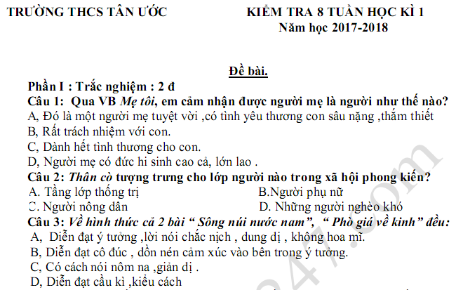 Đề kiểm tra giữa kì 1 lớp 7 môn Văn 2018 - THCS Tân Ước