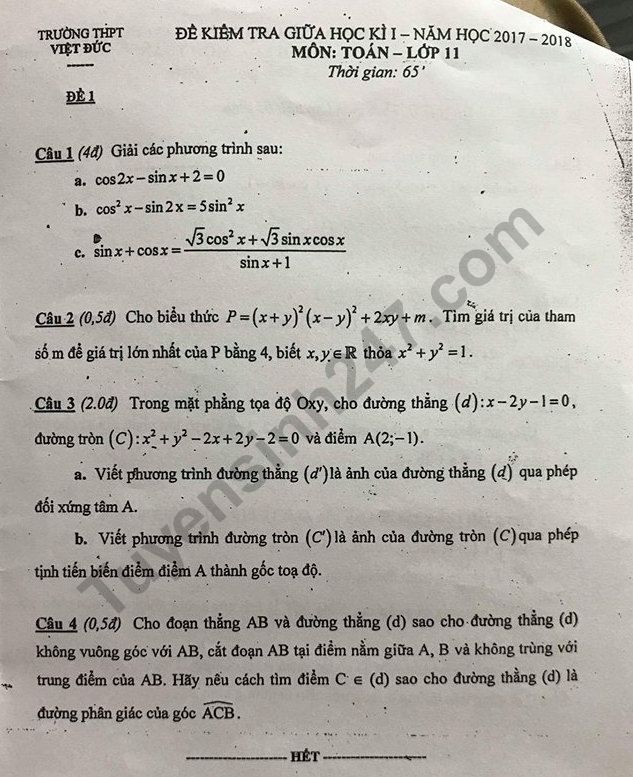 Đề kiểm tra giữa kì 1 lớp 11 môn Toán 2018 - THPT Việt Đức