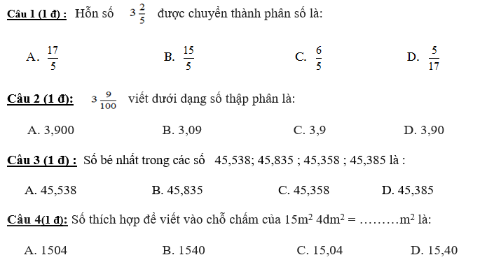 Đề kiểm tra giữa kì 1 lớp 5 môn Toán - Tiểu học Nguyễn Viết Xuân 2018