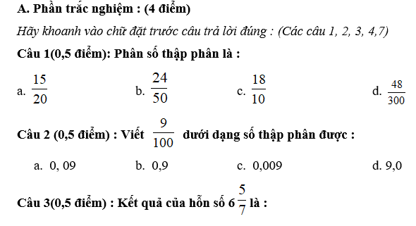 Đề thi giữa học kỳ 1 lớp 5 môn Toán năm 2018 - trường Tiểu học Thọ Lộc 