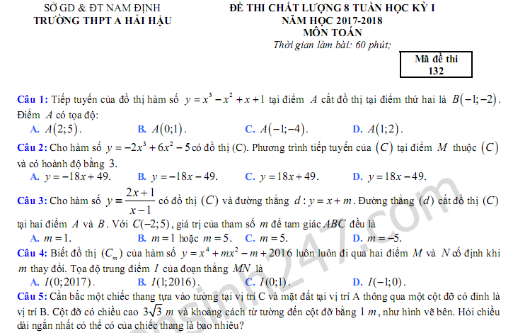 Đề thi giữa học kì 1 lớp 12 môn Toán 2018 - THPT Hải Hậu A