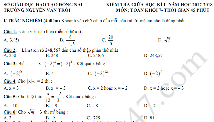 Đề kiểm tra giữa kì 1 lớp 7 môn Toán 2018 - THCS Nguyễn Văn Trỗi