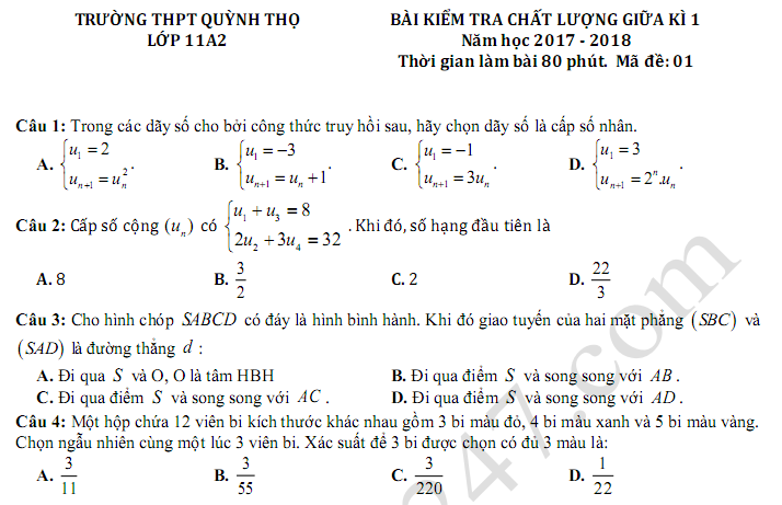 Đề thi giữa kì 1 lớp 11 môn Toán 2018 - THPT Quỳnh Thọ