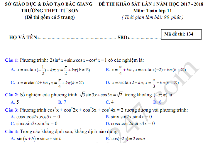 Đề thi giữa kì 1 môn Toán lớp 11 năm 2018 - THPT Tứ Sơn