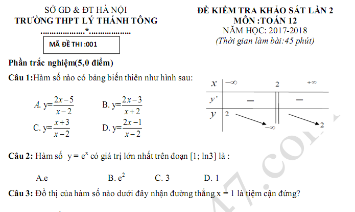 Đề kiểm tra giữa kì 1 lớp 12 môn Toán 2018 - THPT Lý Thánh Tông