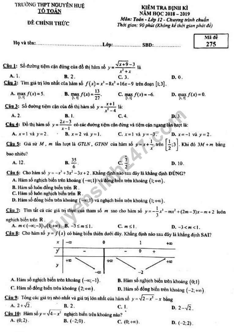 Đề thi giữa kì 1 lớp 12 môn Toán THPT Nguyễn Huệ năm 2018 - 2019