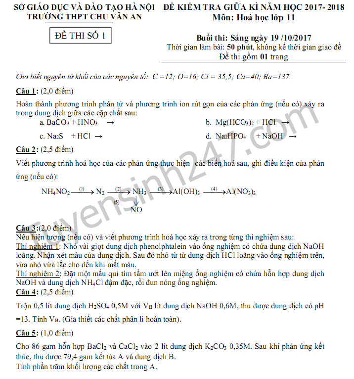 Đề thi giữa kì 1 môn Hóa lớp 11 THPT Chu Văn An 2018