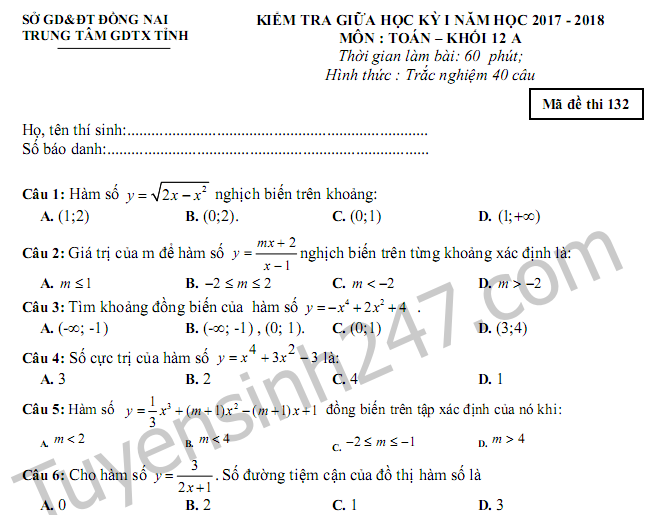 Đề thi giữa kì 1 môn Toán lớp 12 năm 2018 TT GDTX Đồng Nai