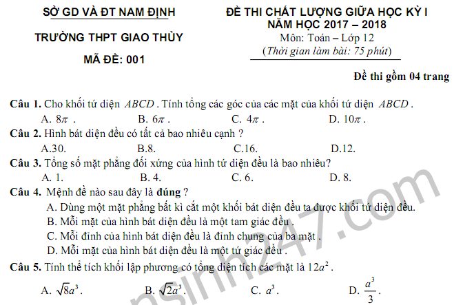 Đề thi giữa kì 1 môn Toán lớp 12 - THPT Giao Thủy năm 2018