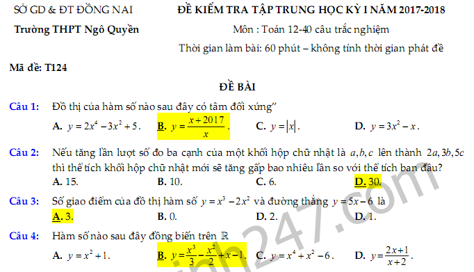 Đề thi giữa kì 1 lớp 12 môn Toán 2018 - THPT Ngô Quyền