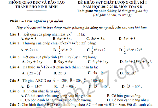 Đề kiểm tra giữa kì 1 môn Toán lớp 8 năm 2018 - Ninh Bình