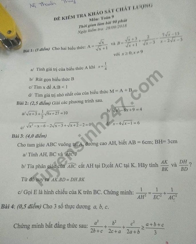 Đề kiểm tra giữa kì 1 lớp 9 môn Toán - THCS Tô Hoàng năm 2018 - 2019