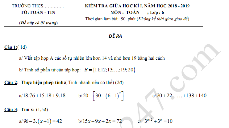 Đề kiểm tra giữa kì 1 lớp 6 môn Toán năm 2018 - 2019