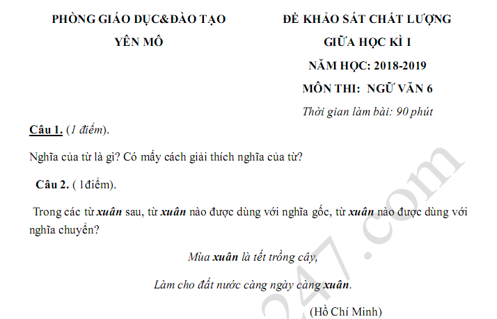 Đề kiểm tra giữa kì 1 lớp 6 môn Văn 2018 - 2019 Phòng GD Yên Mô