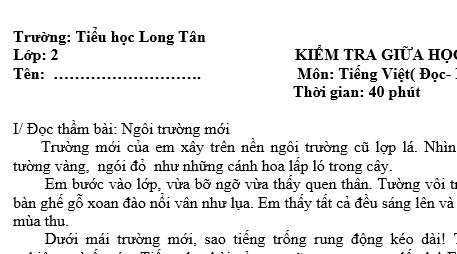 Đề thi giữa học kì 1 môn lớp 2 Tiếng Việt năm 2018 - Tiểu học Long Tân 