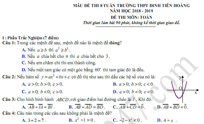 Đề thi giữa kì 1 môn Toán lớp 10 năm 2018 - 2019 THPT Đinh Tiên Hoàng