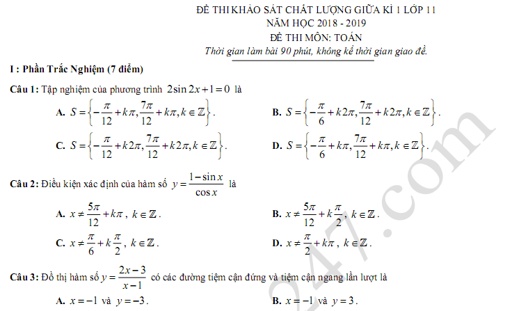 Đề thi 8 tuần kì 1 lớp 11 môn Toán năm 2018 - 2019 THPT Hà Huy Tập