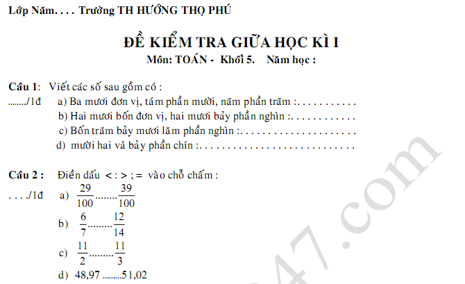 Đề thi giữa kì 1 môn Toán lớp 5 năm 2018 - 2019 TH Hướng Thọ Phú