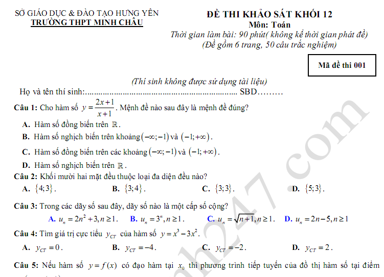 Đề kiểm tra giữa kì 1 lớp 12 môn Toán THPT Minh Châu 2018 - 2019