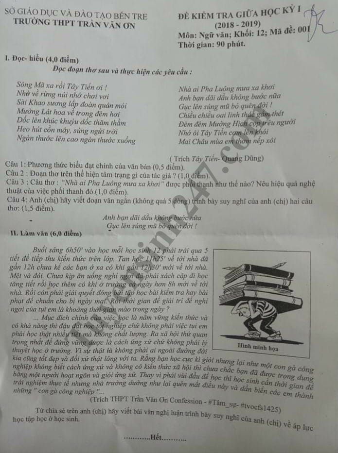 Đề kiểm tra giữa học kỳ 1 môn Văn lớp 12 năm 2018 - THPT Trần Văn Ơn