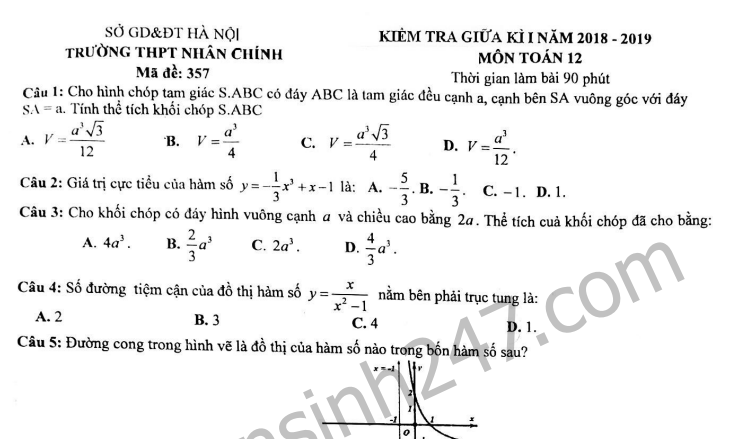 Đề thi giữa kì 1 lớp 12 môn Toán 2018 - 2019 - THPT Nhân Chính